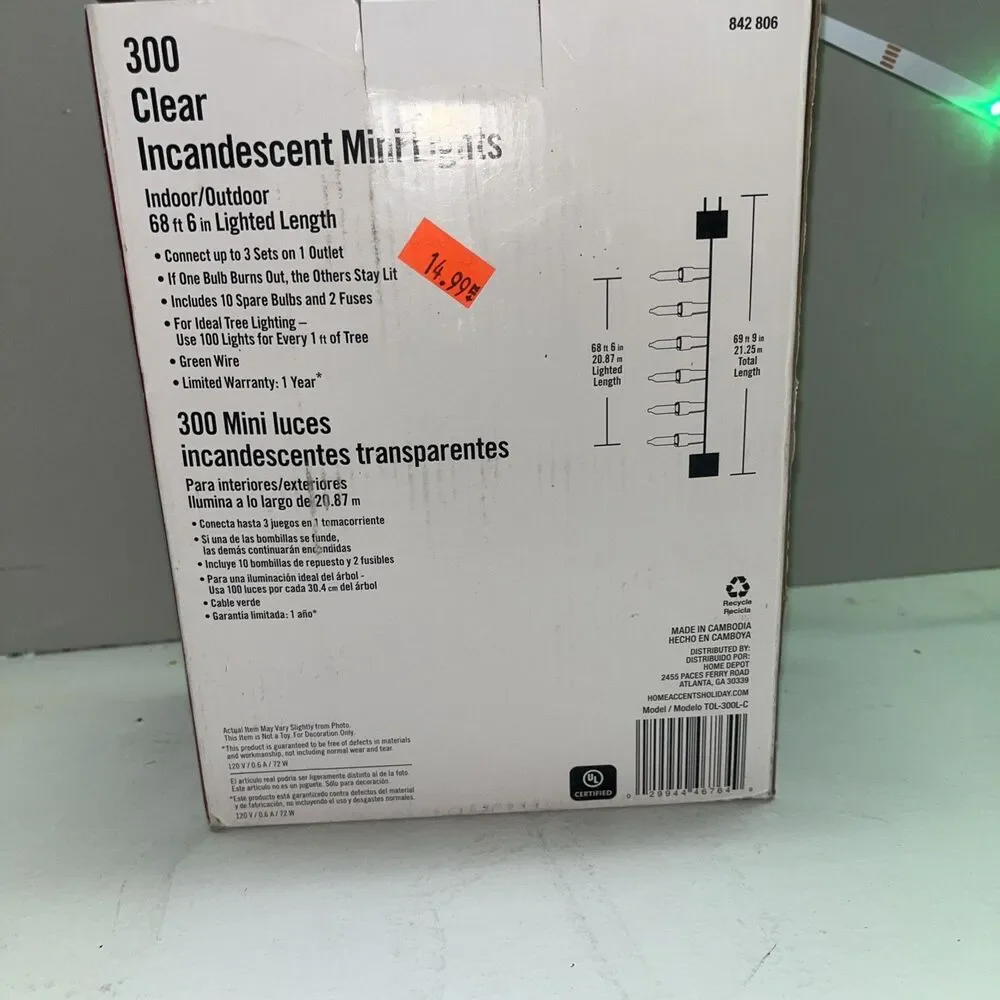 HOME ACCENTS HOLIDAY 300CT CLEAR INCANDESCENT MINI LIGHTS 68' GREEN WIRE - NEW!